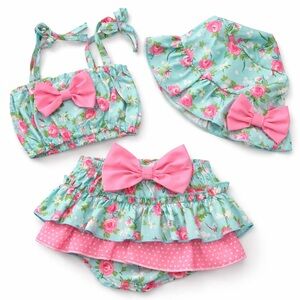 Baby Girl Floral 3pc Set 6-9M Mint Pink Bow Summer Outfit